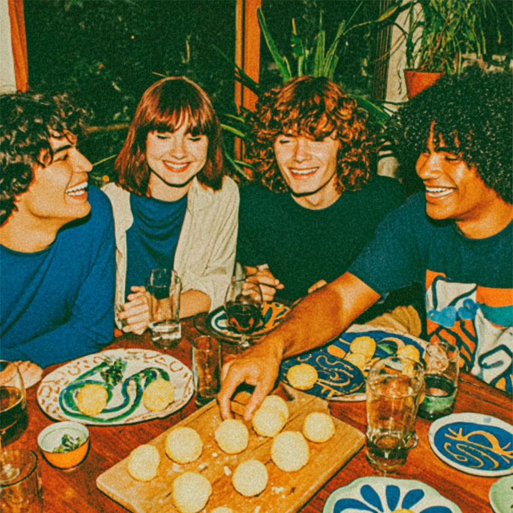 Four friends sharing pão de queijo around a wooden table