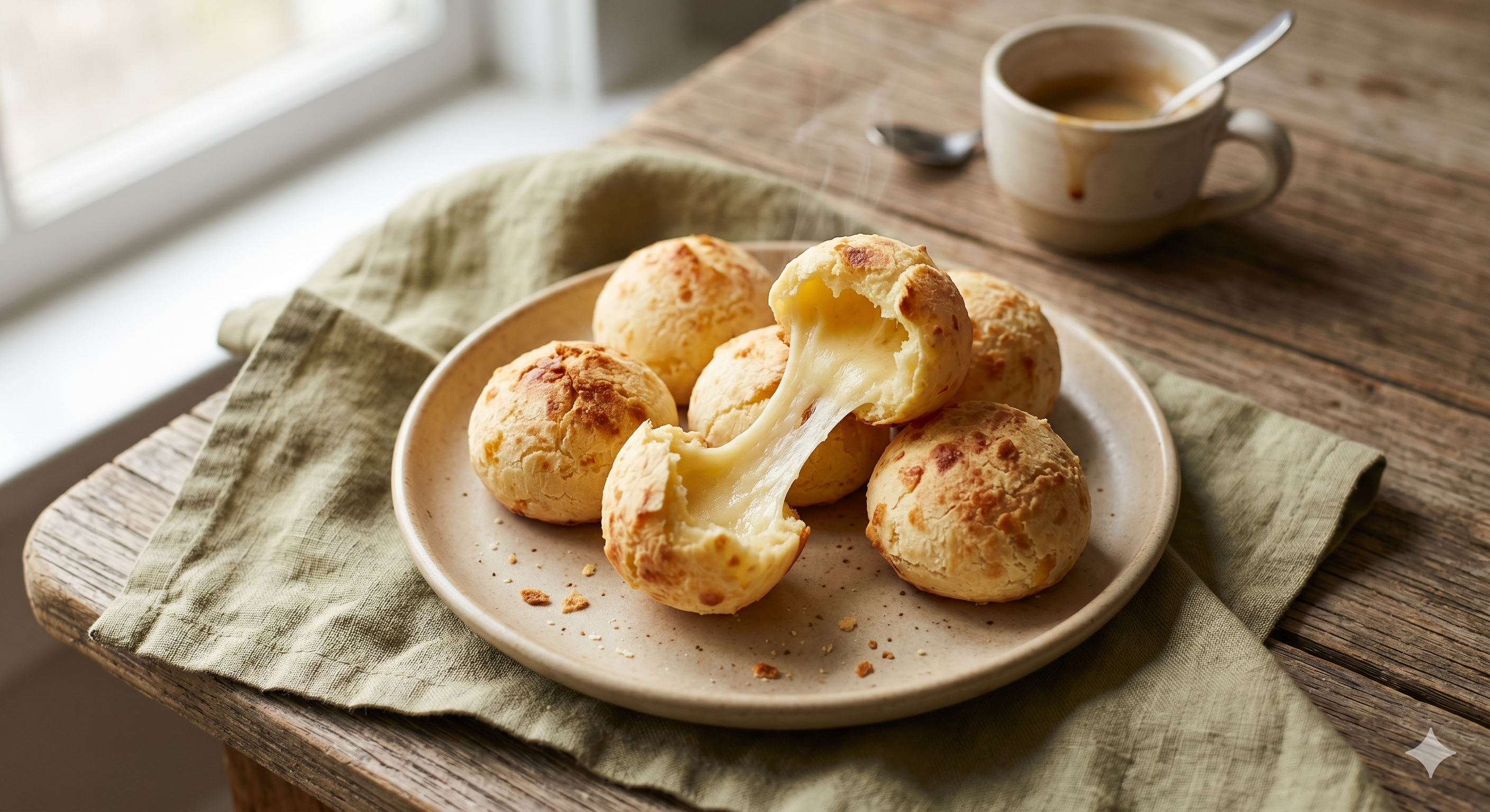 A plate of warm pão de queijo with coffee